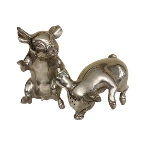 Vagabond House Happy Pewter Pigs Metal Salt and Pepper Shaker Set. 4 inch Tall.